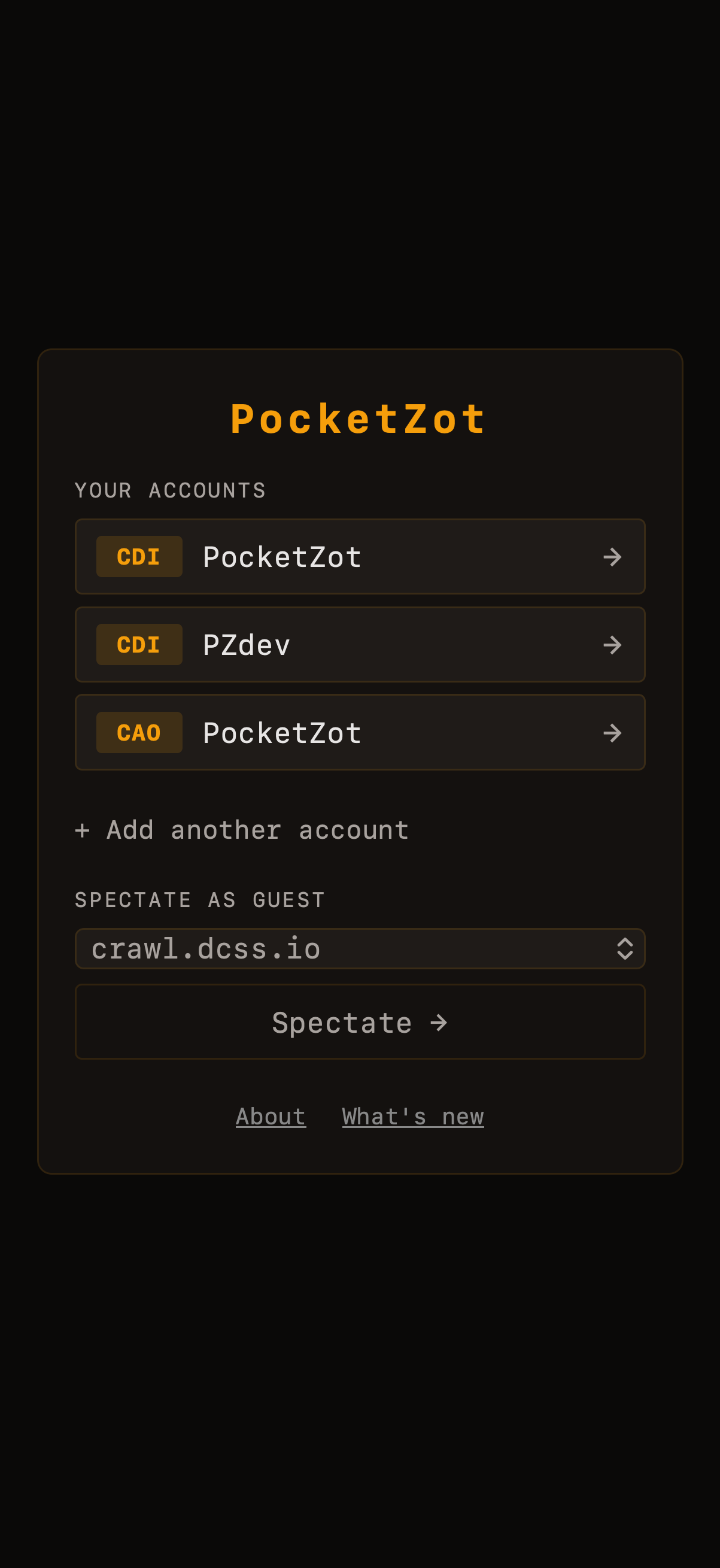 PocketZot account picker with two saved WebTiles accounts (CDI and CAO) and a guest spectate option