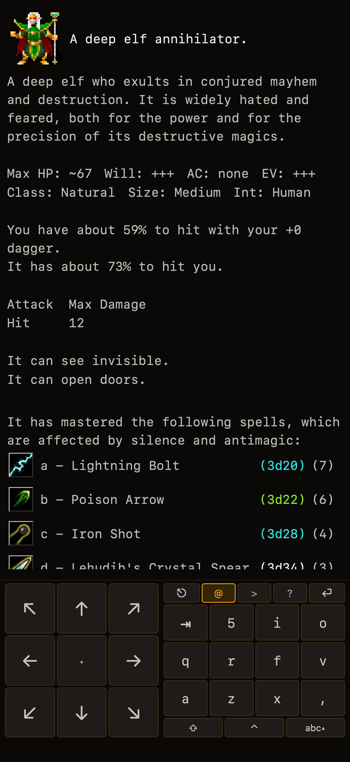 Full-screen monster description for a deep elf annihilator showing HP, spells, and to-hit, with the virtual keyboard open