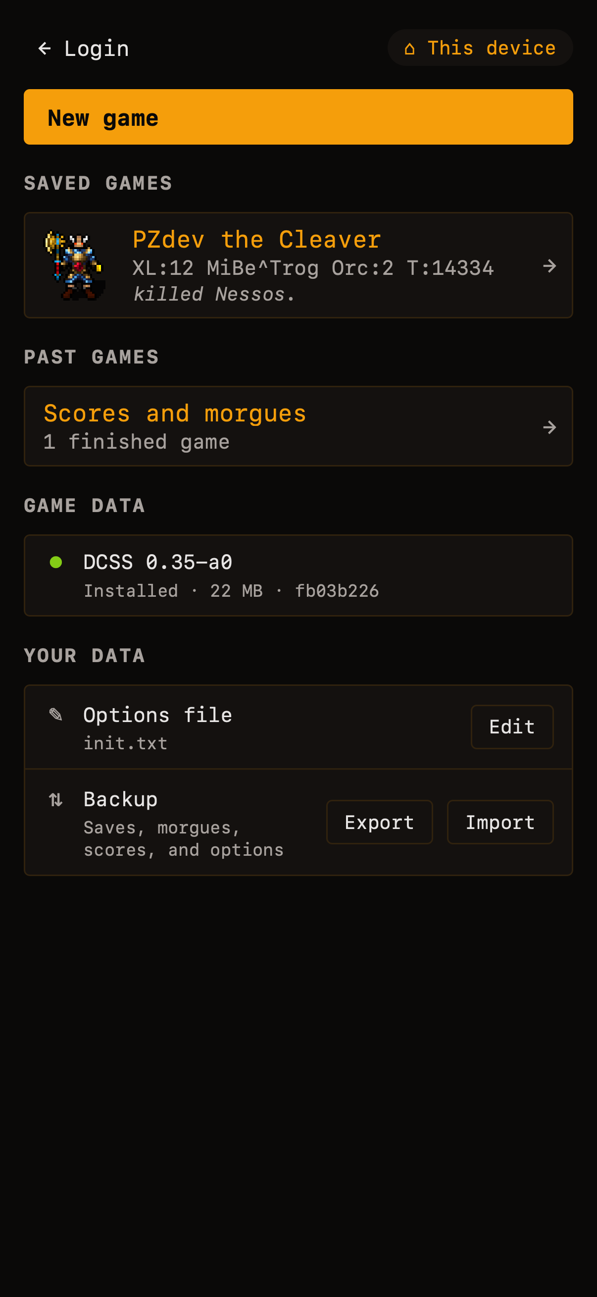Offline lobby with a saved game and installed game data
