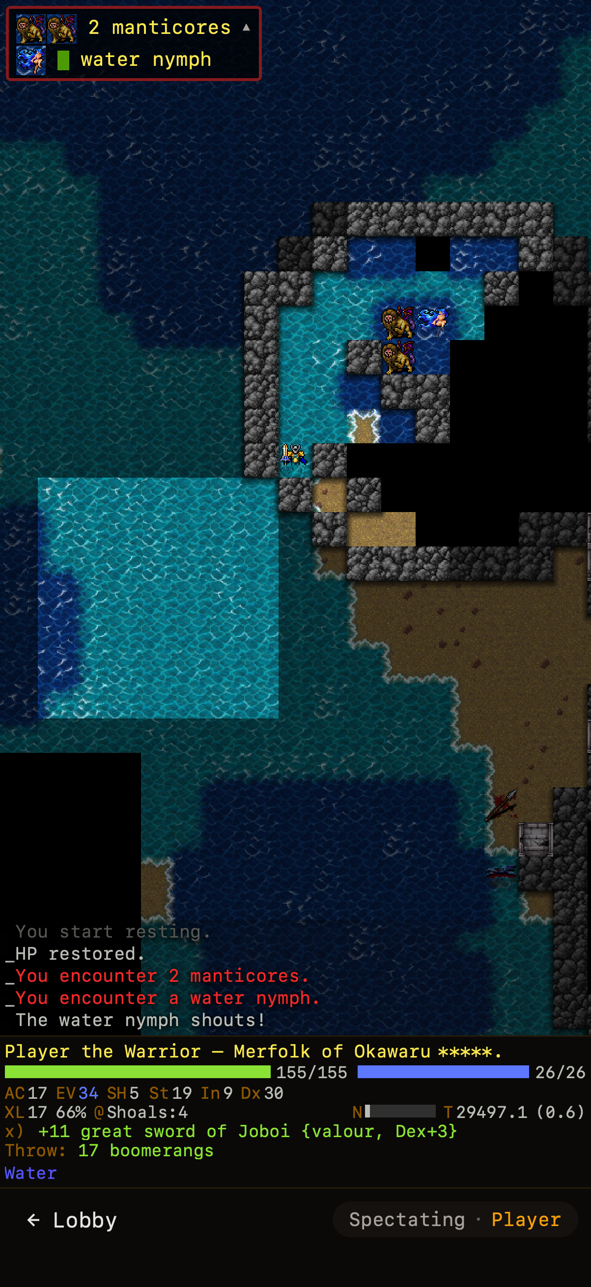 Spectator view in the Shoals, rendered with graphical tiles