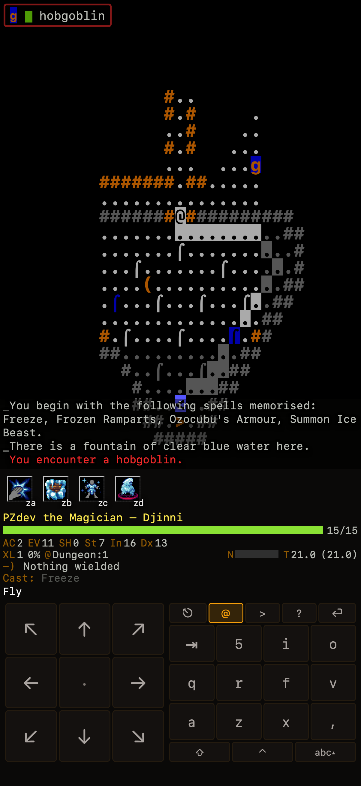 ASCII dungeon map on Dungeon:1 as a Spriggan, with a ball python nearby, HUD, message log, and on-screen touch controls
